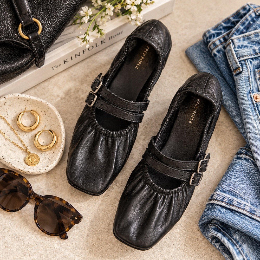 Free People Gemini Black Leather Square Toe Double Strap Mary Jane Ballet Flat
